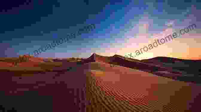 A Panoramic View Of The Arabian Desert, With Towering Sand Dunes, Towering Mountains, And A Brilliant Sunset. The Spirit In The Desert